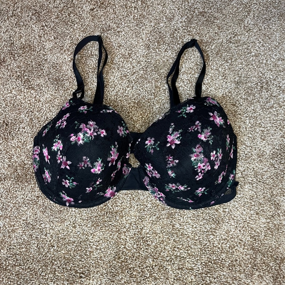 Victoria's Secret Black and Pink Floral Bra